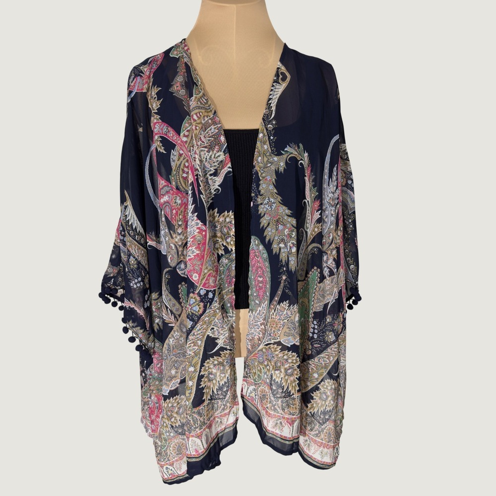 3327 | Umgee Paisley Pom Pom Kimono Navy Multi Boho Festival Beach Cover Up OS